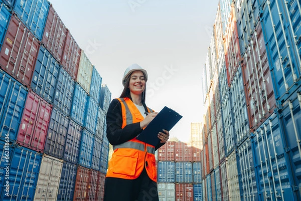 Fototapeta Woman Engineer with Clip Folder in white helmet and vest working in container terminal port
