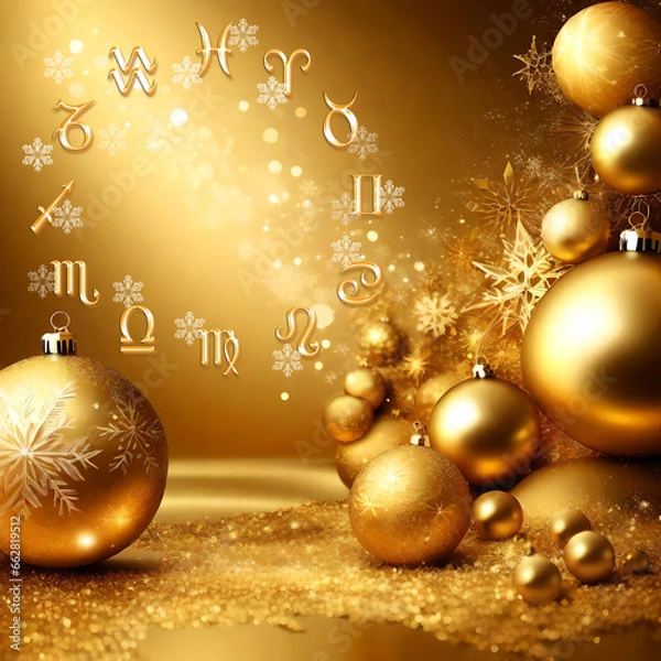 Fototapeta Astrology concept of gold Christmas background with zodiac signs, golden decorations, xmas tree and snowflakes in handpainted style with 3D effect