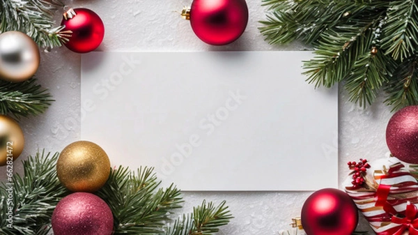Fototapeta White Christmas card, Christmas background with Christmas tree and decorations, New Year's card, New Year's background