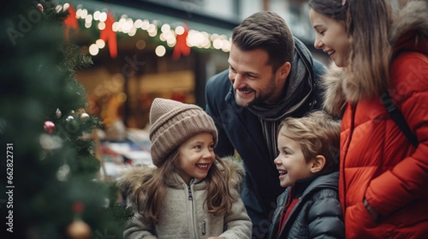 Obraz christmas market with happy family laughing together, generative ai