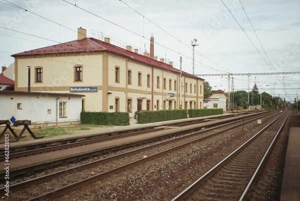 Fototapeta view of train station in Bohusovice nad Ohri on 31 July 2023 in an analogue photo
