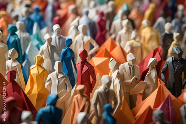 Fototapeta Large crowd of diverse people in origami form inside a town