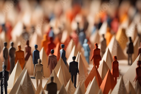 Fototapeta Large crowd of diverse people in origami form inside a town