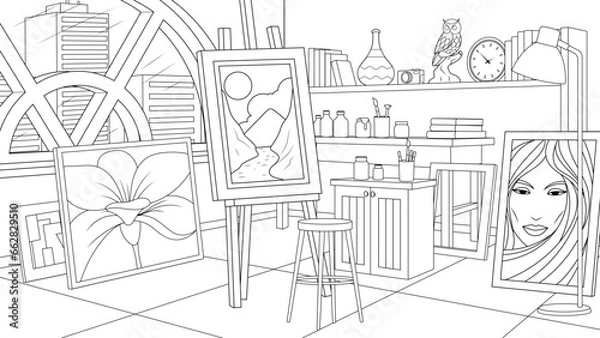 Obraz Vector illustration, artist's workshop studio