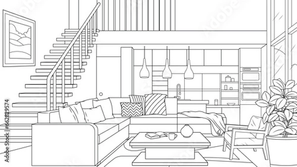 Obraz Vector illustration, interior design of a comfortable kitchen living room with second light