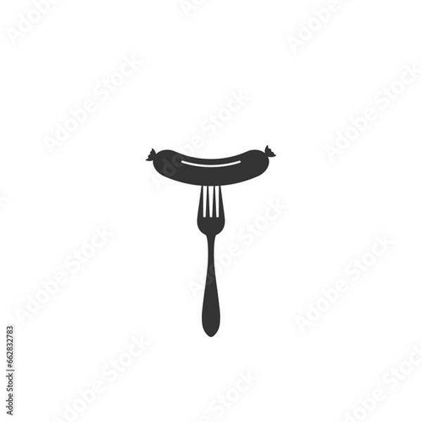 Fototapeta Grilled sausage on fork icon. Hot sausage on fork isolated sign on white background. Vector illustration