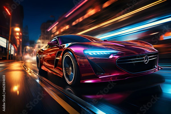 Fototapeta A sleek and aerodynamic vehicle speeding through a neon-lit urban landscape of the future, generative AI