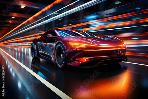 Fototapeta A sleek and aerodynamic vehicle speeding through a neon-lit urban landscape of the future, generative AI