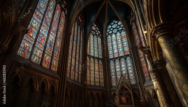 Fototapeta Majestic gothic architecture, stained glass windows, and ancient spirituality inside