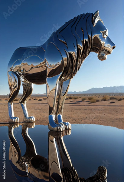 Fototapeta Chrome metal lion. AI generated