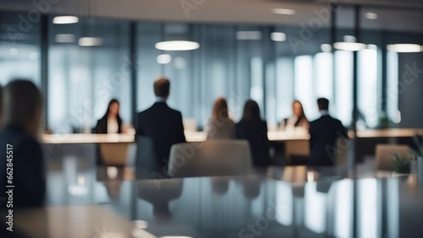 Fototapeta Soft of blurred people meeting at table. Abstract blurred office interior space background