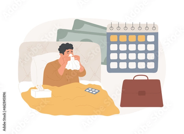 Fototapeta Sick leave isolated concept vector illustration. Paid days, stay home, without losing pay, social insurance, ill worker, sick businessman, home office, cold and flu, thermometer vector concept.