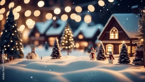 Fototapeta Winter scene with Christmas table in the background Christmas village on a snowy night