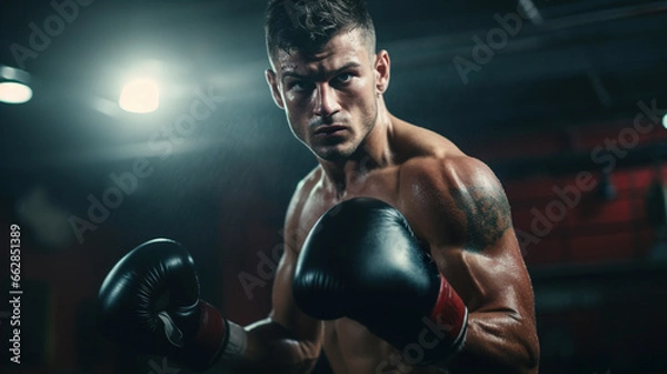 Fototapeta About the sport of professional boxing, Heavy Bag Workout: A boxer strikes a heavy bag with power and precision, demonstrating their strength and training regimen