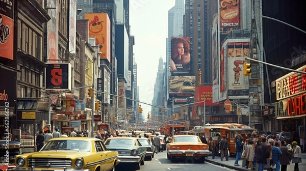 Fototapeta Vintage retro city with skyscraper vehicles and pedestrian with advertising sign board. Generative AI