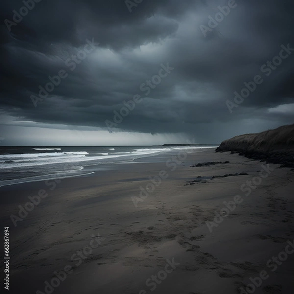 Obraz Empty beach with dark stormy sky