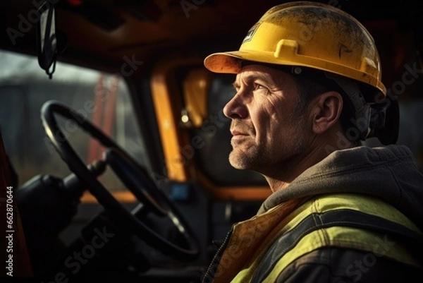 Fototapeta A picture of a man wearing a hard hat and safety vest. This image is perfect for illustrating a construction worker or other industrial professions.