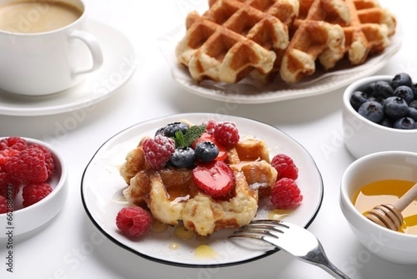 Fototapeta Delicious Belgian waffles with fresh berries and honey served on white table