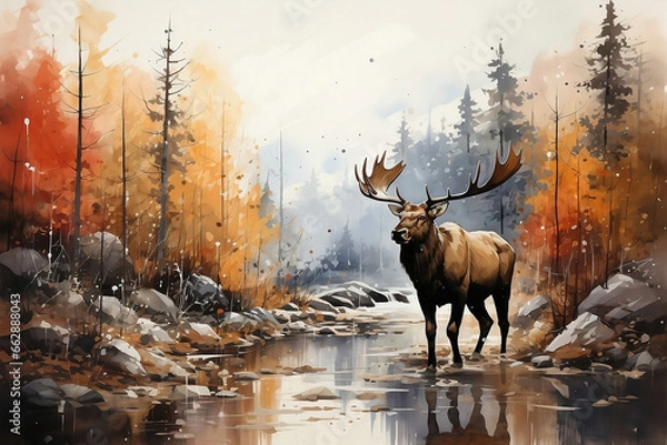 Fototapeta watercolor painting of a moose in the woods