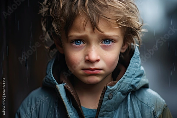 Fototapeta  young boy with blue eyes and tousled hair standing in the rain. He is wearing a raincoat and looking directly at the camera with a sad expression, evoking feelings of empathy and sorrow