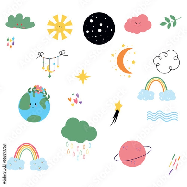 Fototapeta Set of cute hand draw rainbow, sun, cloud, star, weather in boho style. Cartoon doodle clipart elements for nursery.
