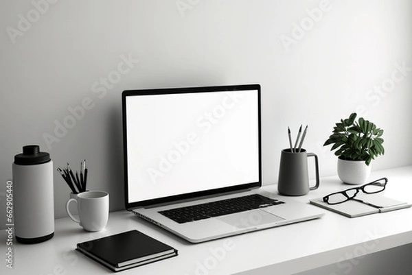Fototapeta A white background, a laptop with a blank screen, office supplies, and stationery on a desk. Home office idea. Generative AI