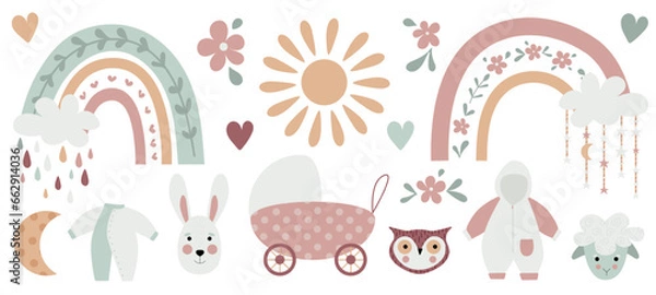 Obraz Boho baby rainbow clipart. Boho color rainbow, animals and baby elements for your project.