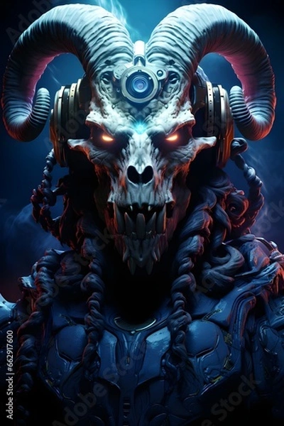 Fototapeta  Scary warrior from the future with evil eyes and scary armor