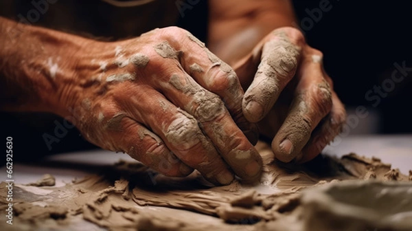 Fototapeta Close-up view of an artist's hands meticulously shaping and crafting a ceramic piece