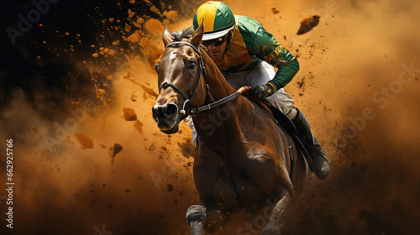 Fototapeta Equestrian Thunder: Dynamic Display of a Group of Racing Horses in Full Force at the Track, Horse Racing Excitement and Speed