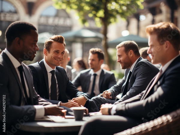 Fototapeta Businessman giving presentation to colleagues at meeting Generative AI