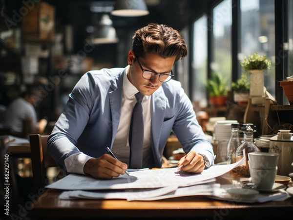 Fototapeta Young entrepreneur at work in his office Generative AI