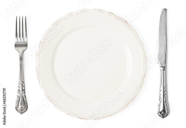 Obraz Vintage knife, fork and plate on white background