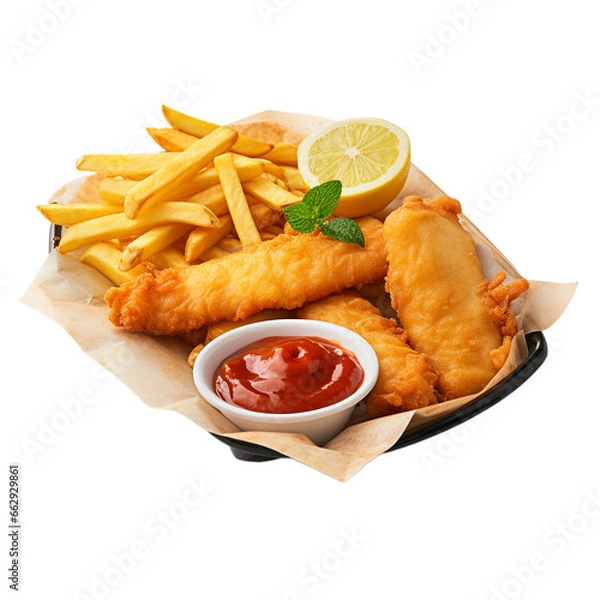 Obraz fish and chips with sauce isolated on white background, ai generated