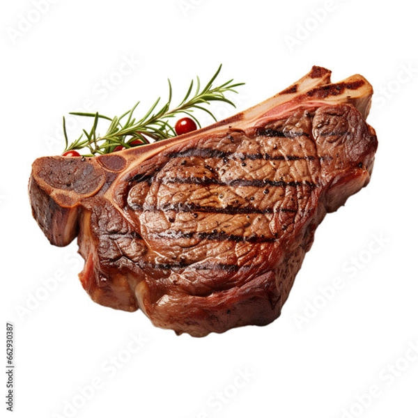 Fototapeta tasty grilled T-bone steak isolated on white background, ai generated