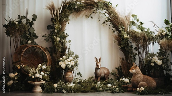 Fototapeta tema floresta com decoração de animais e guirlanda de vegetação