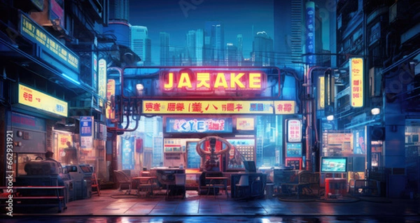Obraz Cyberpunk neon lights shop in a street