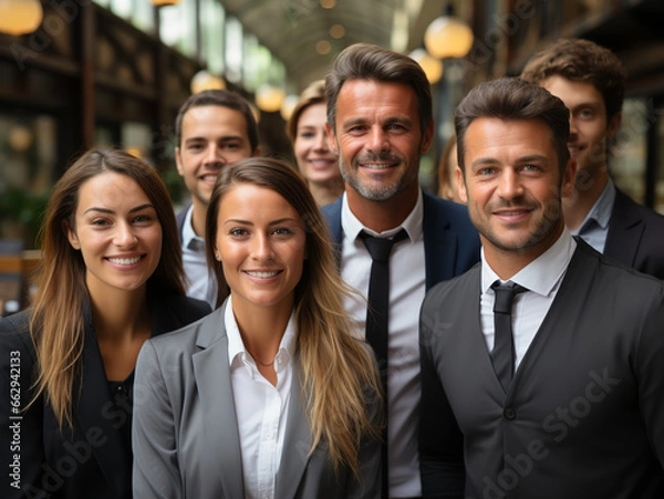 Fototapeta Successful business team standing together and smiling Generative AI	