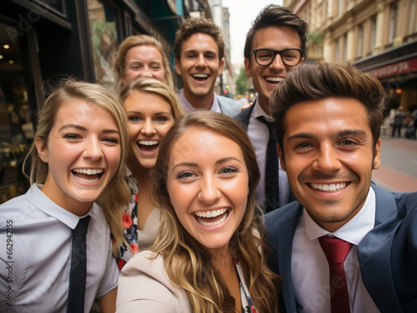 Fototapeta Successful business team standing together and smiling Generative AI	