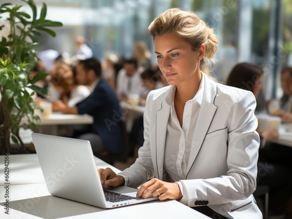 Fototapeta Businesswoman working on laptop Generative AI