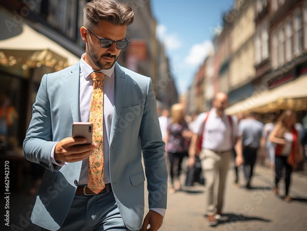 Fototapeta People busy using mobile phone while walking on street Generative AI	