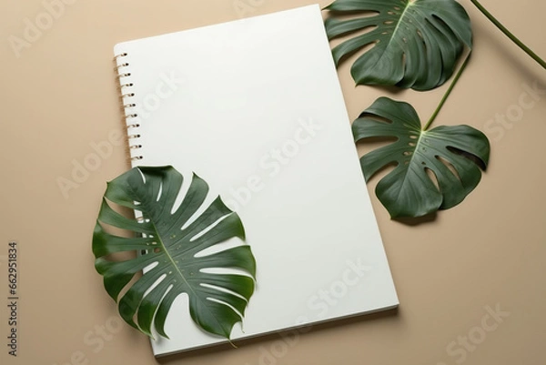 Fototapeta Monstera leaf in green and a blank notebook page against a beige background. Nordic notion for a minimalist workspace. the space bar. Generative AI