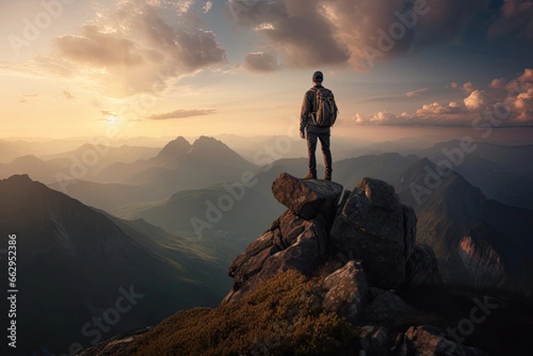 Obraz Climber on submit, beautiful landscape, mountain top, gorgeous background, reaching the summit, success, 