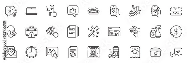 Fototapeta Icons pack as Cogwheel settings, Maze and Legal documents line icons for app include Laptop, Cleaning liquids, Like photo outline thin icon web set. Magic wand, Boiling pan, Car pictogram. Vector