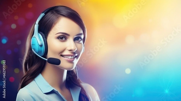 Fototapeta Friendly female customer service talking through headset created with Generative AI