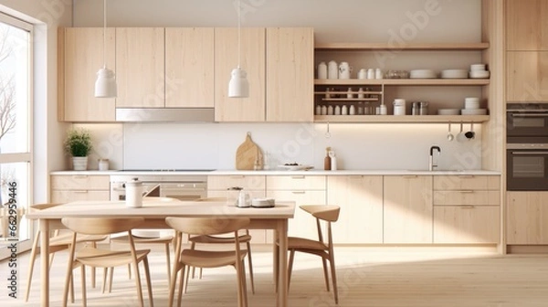 Fototapeta Contemporary minimalist interior of kitchen and dining room in Scandinavian style. Modern design AI