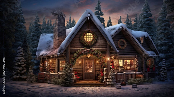 Fototapeta Winter Cabin in Pine Forest with Snowy Rooftop