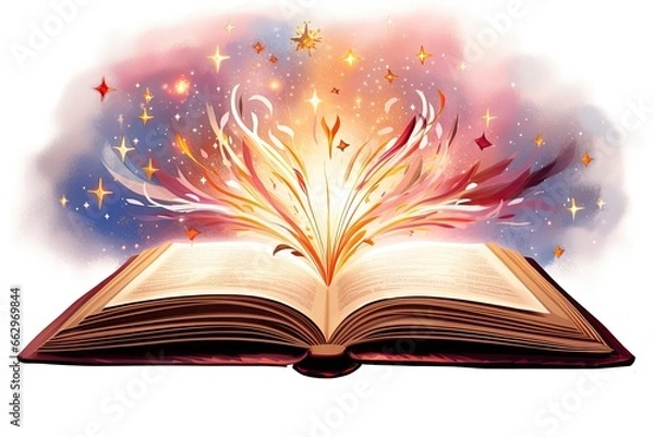 Fototapeta Book Clip Art: Open Book with Magical Symbols and Images, Unleashing the Power of Imagination, generative AI