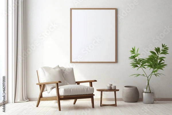 Obraz Minimalistic room interior with picture, poster, photo frame mockup on wall in light, neutral colors.  Generative AI