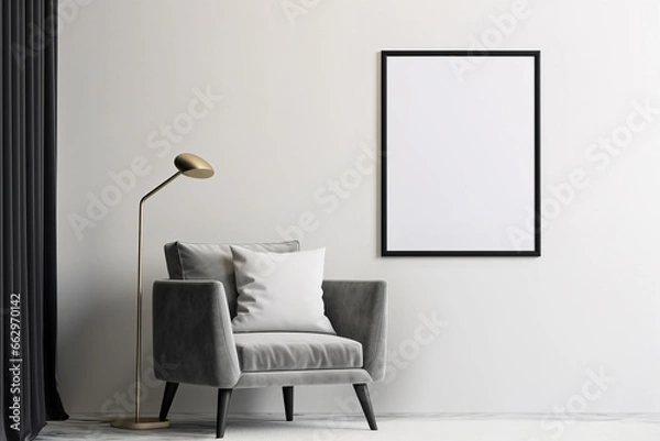 Obraz Minimalistic room interior with picture, poster, photo frame mockup on wall in light, neutral colors.  Generative AI